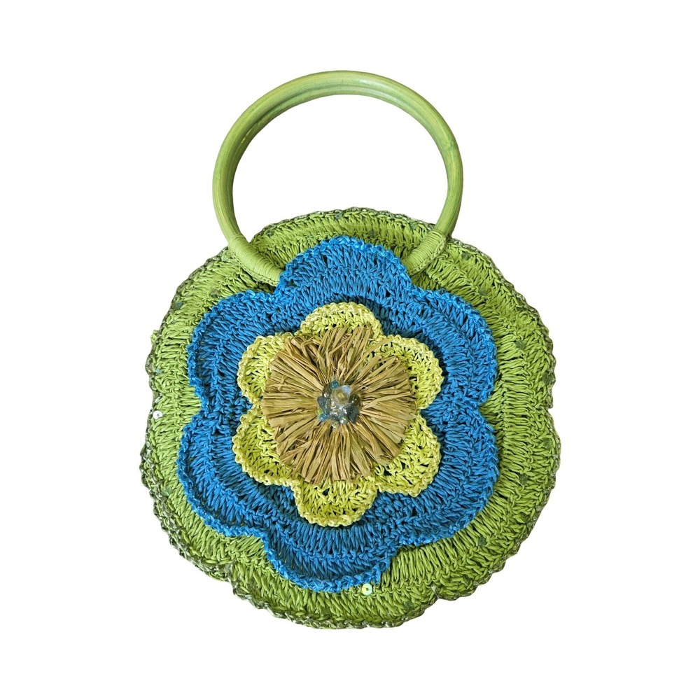 VTG Y2K Cappelli Straworld Green Woven Straw Flower Purse Blue Floral Circle Bag